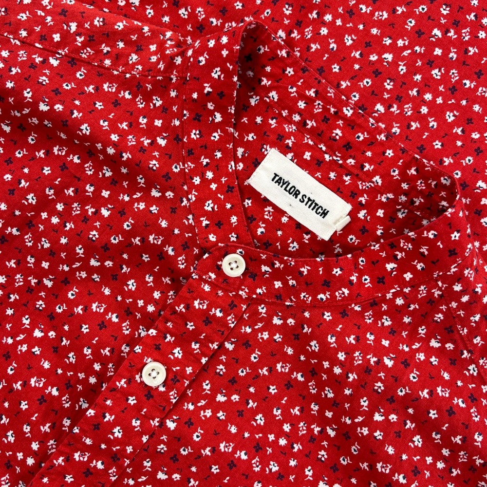 Taylor Stitch Mens Red Floral Band Collar Short Sleeve Button Down Shirt 38 S